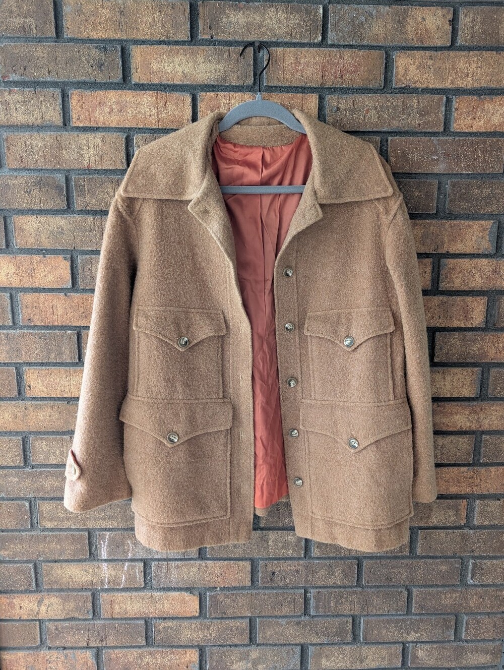 80's Vintage Union Made Fuzzy Oversized Button Down Utility Jacket Camel Brown S